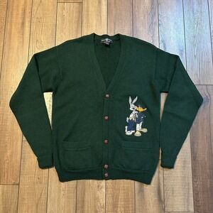 Vintage rare 💯 wool Warner Bros. Dark Green Bugs Bunny & Daffy Duck Cardigan